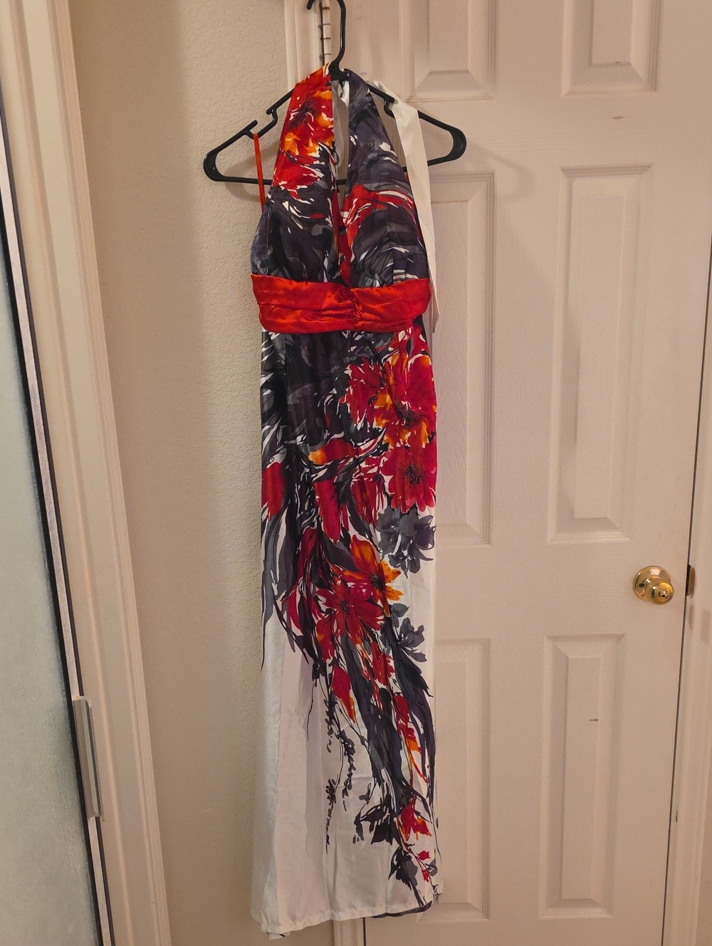 Halter Maxi Dress with Red Floral Print and Waistband